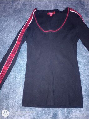 GUESS Black Ribbed Long Sleeve Top with Red Logo Stripe